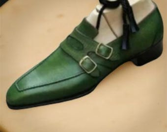 Zapatos de vestir de doble hebilla de cuero verde hechos a mano