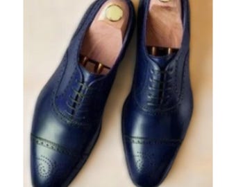 Zapatos Oxford azul marino hechos a mano de piel de becerro auténtica para hombre