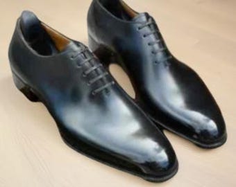 Zapatos de vestir Oxford de piel de becerro negra de corte completo para hombre, hechos a mano, de piel flor.