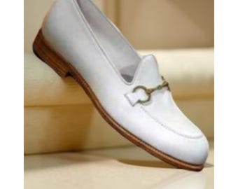 Mocasines de piel blanca hechos a mano con diseño de bocado de caballo / Zapatos de vestir de piel de becerro plena flor