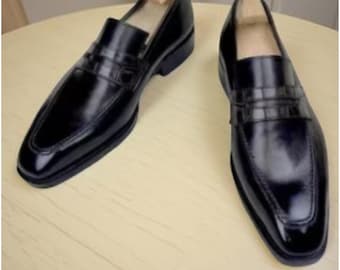 Mocasines de cuero negro hechos a mano / Zapatos de vestir de grano completo