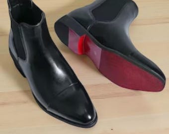 Christian Louboutin Black Leather Chelsea Boots with Red Sole | Handmade Luxury Boots