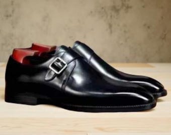 Zapatos de hebilla de oficina hechos a mano de piel de becerro negra para hombre.