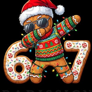 Könnte beinhalten: Ein Cartoon-Lebkuchenmann mit Weihnachtsmütze und Sonnenbrille, der dabbt. Er trägt einen Weihnachtspullover und ist mit Lichterketten geschmückt. Die Zahlen 6 und 7 bestehen aus glasierten Keksen. Der Hintergrund ist schwarz.