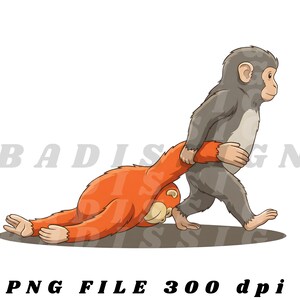 Könnte beinhalten: Cartoon-Illustration von zwei Affen. Ein grauer Affe geht und zieht einen orangen Affen am Arm. Der Text "PNG FILE 300 dpi" befindet sich am unteren Rand des Bildes.