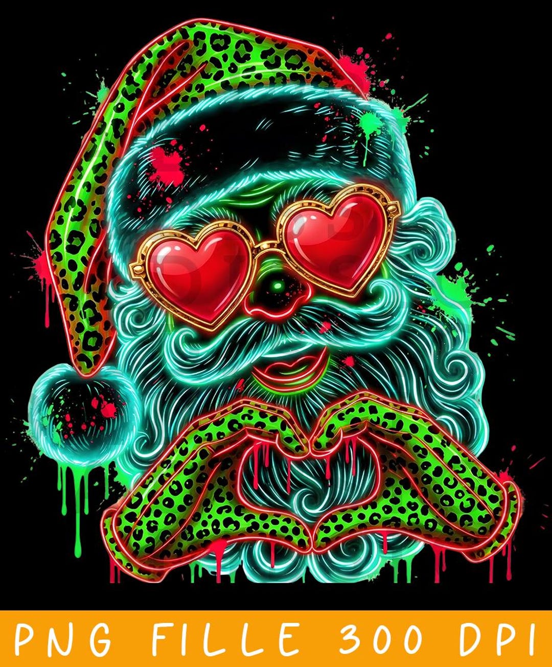 Neon Splatter Santa Png,funny Christmas Santa Face Clipart,santa Hat ...