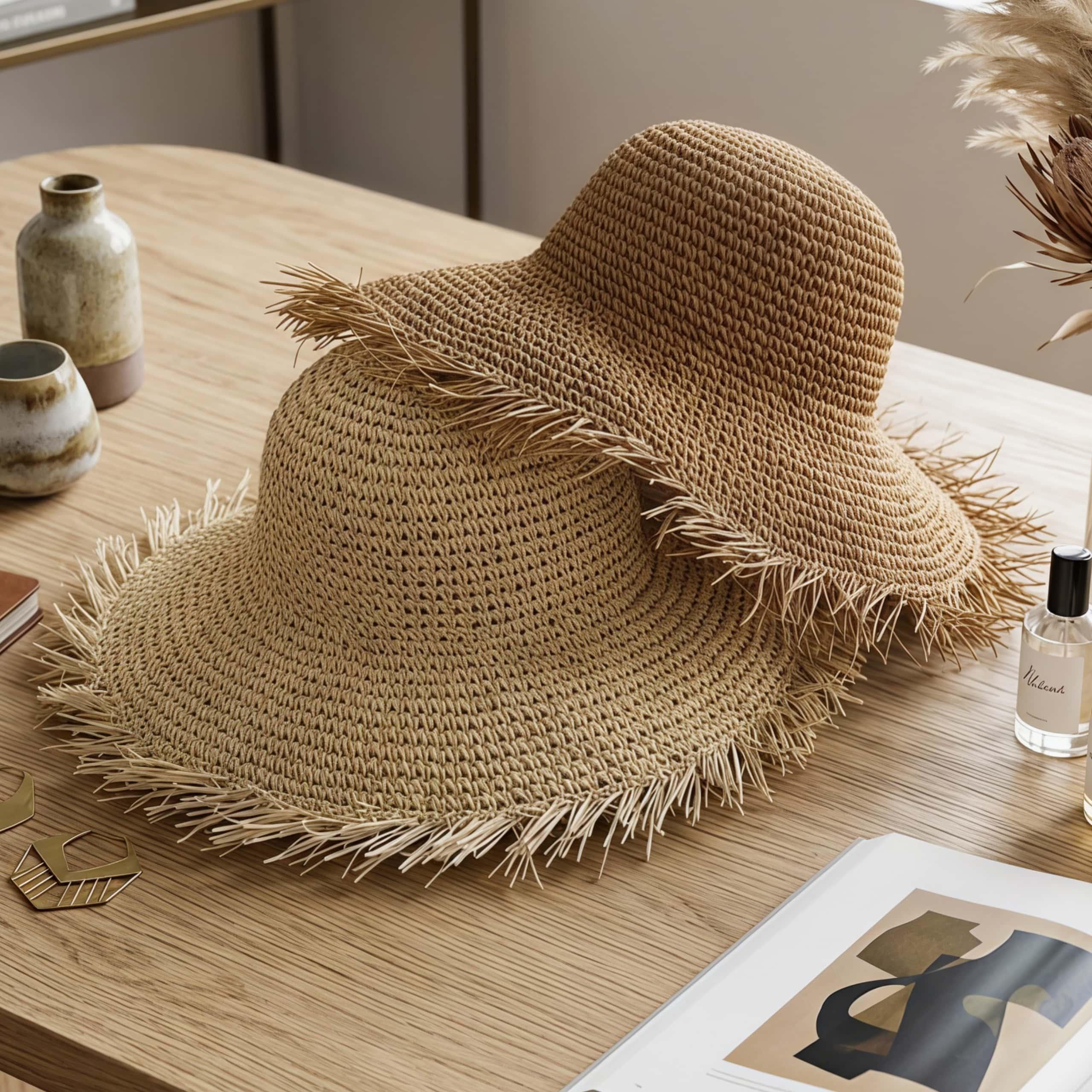 Crochet Straw Bucket Hat Fringe Packable Summer Sun Hat  display picture 1