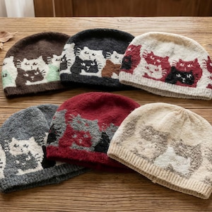 Handmade Knitted Cat Beanie, Y2K Harajuku Wool Hat