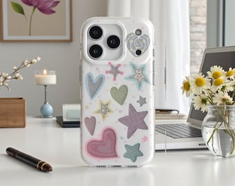 Funda protectora transparente con estampado brillante de estrellas y corazones para iPhone 14, 15, 16, 17 Pro y Pro Max, diseño brillante y bonito