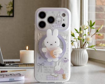 Funda protectora con diseño de conejito leyendo, color morado y esmerilado, para iPhone 17, 16, 15 y 14 Pro Max