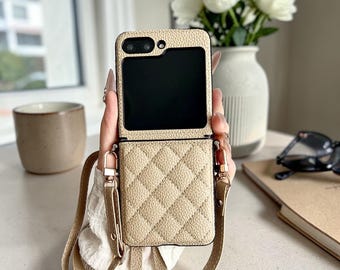 Quilted Crossbody Phone Case for Samsung Galaxy Z Flip 3 4 5 6 7 FE, Mini Purse Style Flip Case, Adjustable Strap Protective Cover