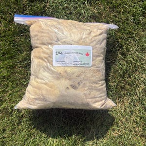 May include: A transparent plastic bag containing Rideau Arcott wool, weighing 0.9 kg. The bag is sealed with a blue zip and has a white label with text and a Canadian maple leaf. The bag is on green grass.