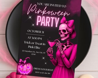 May include: A pink and black Halloween party invitation with the text "Pinkoween Party." The invitation features a pink skeleton illustration holding a cocktail, a pink pumpkin, and the words "Dress Your Best!" and "Instant Download."
