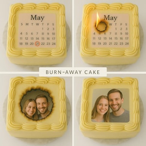 May include: A square yellow cake with decorative frosting and a calendar print for May. The calendar highlights the 21st date. The cake is designed to reveal a photo when burned, with the text "BURN-AWAY CAKE" below.
