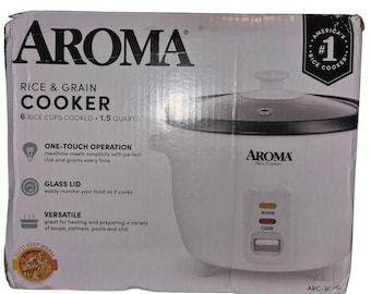Aroma Housewares ARC-363NG 6-cup rice cooker in white with a nonstick inner pot.