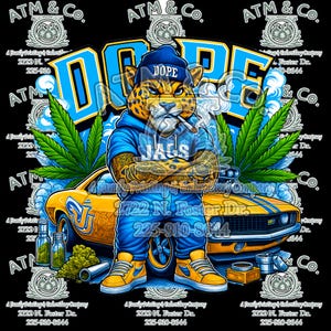 May include: A graphic design featuring a jaguar wearing a blue beanie with the word "DOPE" and a blue hoodie, smoking a cigarette. The jaguar is standing in front of a yellow car. The image includes marijuana leaves and the text "JAGS".
