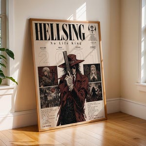 May include: A rectangular poster featuring the Hellsing No Life King title, a central illustration of a character in a red coat and hat holding a firearm, and smaller character panels. The design includes the text 2001, character names, and quotes.