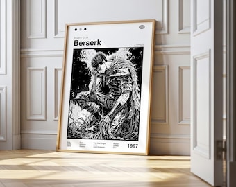 Könnte beinhalten: Ein gerahmtes Schwarz-Weiß-Poster mit dem Titel "Berserk" und einer Illustration eines Charakters in Rüstung. Das Poster enthält Text am unteren Rand und das Jahr 1997. Der Rahmen ist hellbraun.