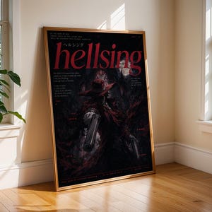 May include: A framed vertical poster featuring dark, gothic artwork of a character in a red coat and hat holding two handguns. The text "hellsing" appears in large red letters at the top, accompanied by Japanese characters and English text.