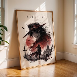 May include: A framed poster featuring the Hellsing title and a dark, stylized illustration of a character in a wide-brimmed hat against a large red moon. The artwork includes silhouettes of crosses, bats, and a gothic castle in a black and red ink-wash style.