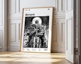 Könnte beinhalten: Ein gerahmtes Schwarz-Weiß-Poster mit dem Titel "Berserk" und einer Illustration eines Kriegers mit einem Schwert. Das Poster enthält das Jahr 1997 und weiteren Text. Das Poster lehnt an einer weißen Wand.