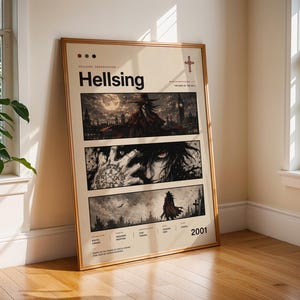 May include: A framed Hellsing poster with a cream background featuring three horizontal panels depicting dark, gothic anime scenes. The top panel shows a silhouette against a full moon, the middle shows a close-up of a character, and the bottom shows a figure in a graveyard.