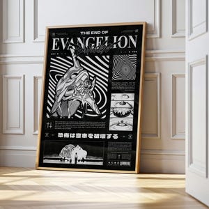 May include: Black and white poster with the text "THE END OF EVANGELION" and Japanese text. The poster features a detailed illustration of a creature's head, along with abstract designs and additional text. The poster is framed in a wooden frame.