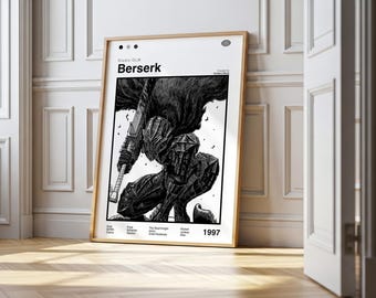 Könnte beinhalten: Gerahmtes Schwarz-Weiß-Poster mit einer detaillierten Illustration einer Figur aus der Manga-Serie Berserk. Das Poster enthält den Titel "Berserk" und das Jahr 1997. Das Kunstwerk ist vor einem weißen Hintergrund platziert.