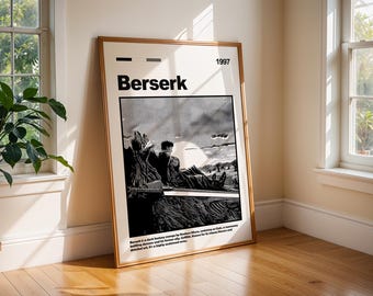 May include: A framed black and white print of the manga series "Berserk" leaning against a wall. The print features the title "Berserk" and the year "1997". The artwork depicts a detailed illustration of a figure in a landscape.