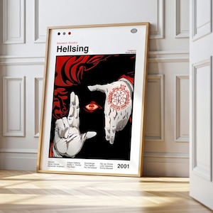 May include: A framed poster for the anime series Hellsing. The artwork features a red and black colour scheme with a close-up of hands forming a frame around an eye. The poster includes the title "Hellsing" and the year 2001.