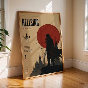 May include: A framed poster featuring the Hellsing title in black text, a large red circle, and a silhouette of a figure in a long coat holding a gun. The background is tan with a gothic castle, bats, and the text: The bird of Hermes is my name, eating my wings to make me tame.