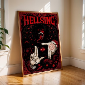 May include: A framed poster with the word "HELLSING" in red gothic lettering. The artwork features a dark, detailed illustration with a central figure, a demonic face with a long tongue, and hands with intricate designs. The color palette is primarily black and red.