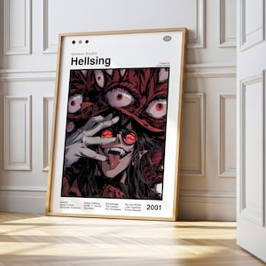 Peut inclure: Affiche encadrée avec le titre "Hellsing". L'œuvre représente un personnage aux yeux rouges et à la langue tirée, sur un fond rouge texturé avec de multiples yeux. L'affiche est dans un cadre en bois, affichée contre un mur blanc.