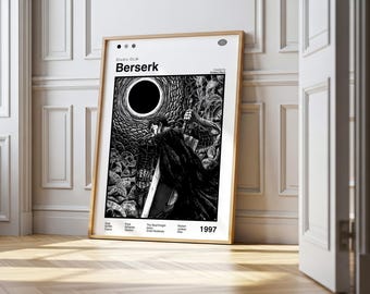 May include: A framed black and white poster featuring the word "Berserk" at the top. The artwork depicts a dark, detailed illustration of a figure with a sword, surrounded by skulls and a large, ominous black circle. The year 1997 is visible.