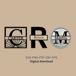 May include: Three digital monogram designs featuring the letters C, R, and M. The first is a square frame with a sunburst pattern and the name Carter. The second is a large letter R with the name Reyes. The third is a circular frame with a sunburst pattern and the name Martin. Text reads SVG-PNG-PDF-DXF-EPS Digital download.