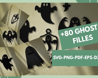 ハロウィンゴーストバンドルSVG、ハロウィンSVG、12体の吊り下げゴースト、ハロウィンレーザーカットファイル、GlowforgeゴーストバンドルSVG、ハロウィンサインカットファイル