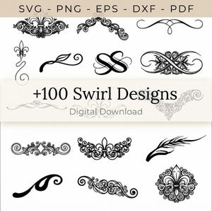 Puede incluir: Una colección de diseños digitales de remolinos negros y adornos con motivos de flor de lis, volutas y líneas decorativas. La imagen incluye el texto SVG - PNG - EPS - DXF - PDF y +100 Swirl Designs Digital Download sobre un fondo blanco.