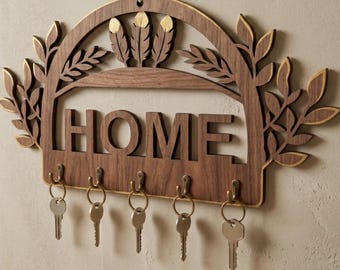 Key Holder Laser Cut File, 3d Wooden Key Holder SVG, Entryway Wall Organizer, House Key Holder, keychain rack with hooks, wall decor