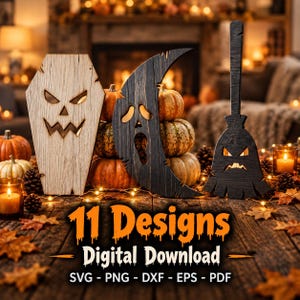 Gör-det-själv-verkstad i spökstaketstil • Trädgårdskonst för spöken i trä för Halloween • Utskrivbar PDF SVG-mönster, halloweenkvast, uggla, grav, laserskuren månefil