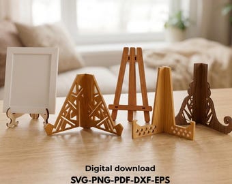 May include: A collection of five wooden display stands in various designs, including a tripod easel and laser-cut patterns, with a white rectangular frame on the left. The text Digital download SVG-PNG-PDF-DXF-EPS is visible at the bottom.