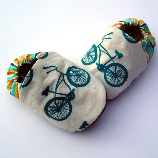 Organic Cotton Bicycle Baby Shoes- Eco Friendly Unisex Cruiser Blue Bike - Teal Slippers 0 3 6 12 18 months - Baby Clothes Gift for Baby