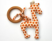 Giraffe Organic Wood TEETHING ring with Organic Cotton Clutch Toy - Eco Friendly Teether All Natural baby toy- Baby Toy Gift for baby