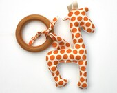 Giraffe Organic Wood TEETHING ring with Organic Cotton Clutch Toy - Eco Friendly Teether All Natural baby toy- Baby Toy Gift for baby