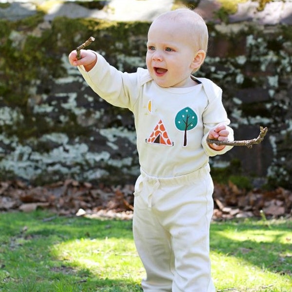 Organic Baby Long Sleeve Cotton Camping Themed one piece and pant set with VW bus on bottom- Children's Clothing Eco Friendly