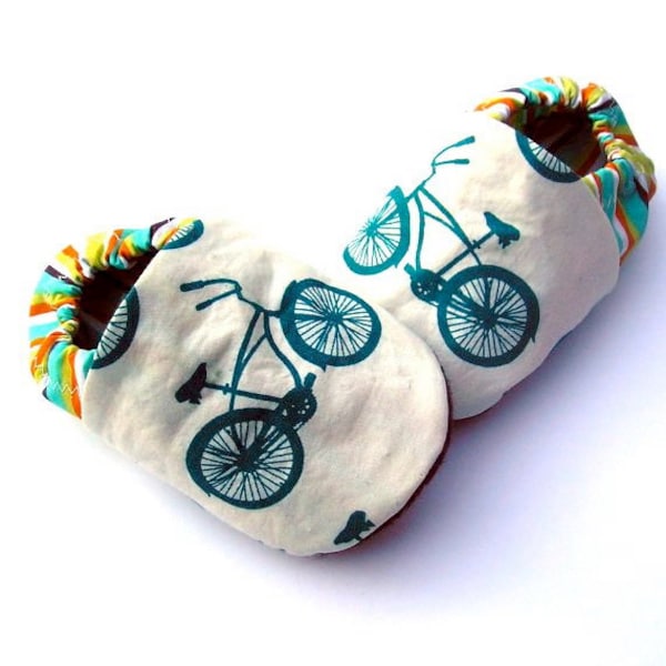 Baby Bicycle Shoes- 6 -12 months Organic Unisex Cruiser Bike for Boy or Girl in Teal- Size handmade booties- Baby Clothes