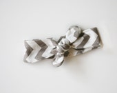 Organic Chevron Baby Headband - Top-knot headband interlock knit , Knotted Baby Headband in Gray and White