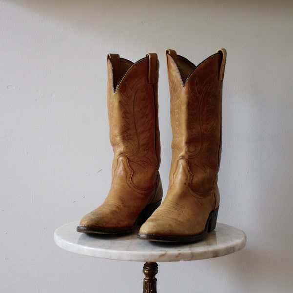 Cowboy Boots Blonde - Men's 9.5 10 - Leather Yellow Light Brown - 1970s VINTAGE