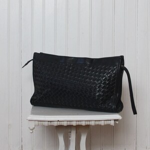 Bag Black Leather Wristlet Clutch Woven Purse 1980s 80s Vintage