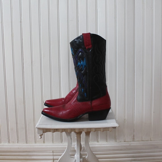 Cowboy Boots Red Blue Women's Leather Detailed