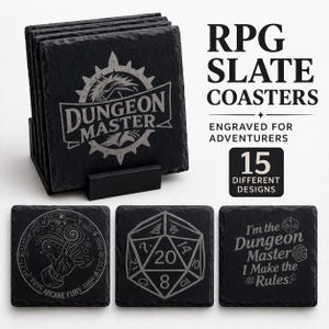 May include: A set of black slate coasters with engraved designs. The coasters feature RPG-themed graphics, including a dragon, dice, and text that reads "Dungeon Master." A coaster holder is included. The text "RPG Slate Coasters" is also visible.